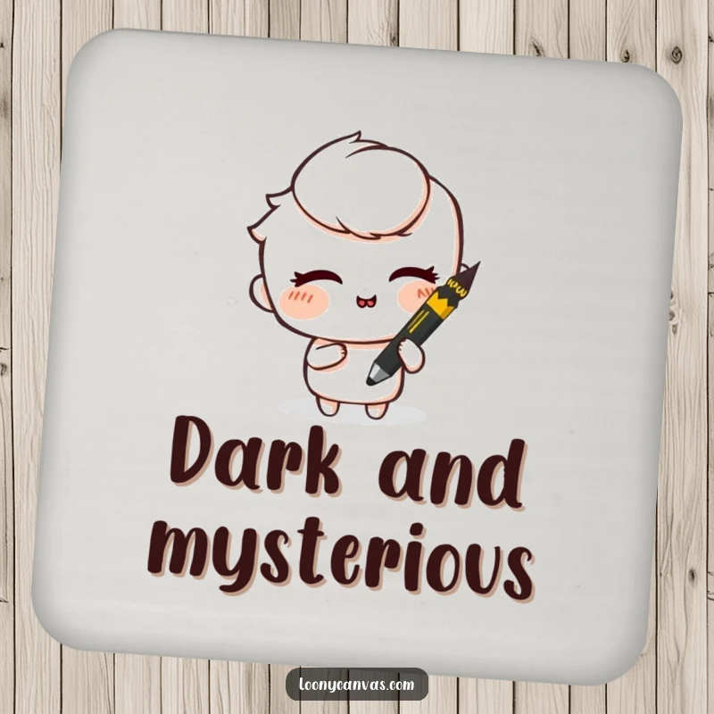 Funny drink coaster with a mischievous charcoal stick smudging art and winking, adding artistic sass to surfaces.