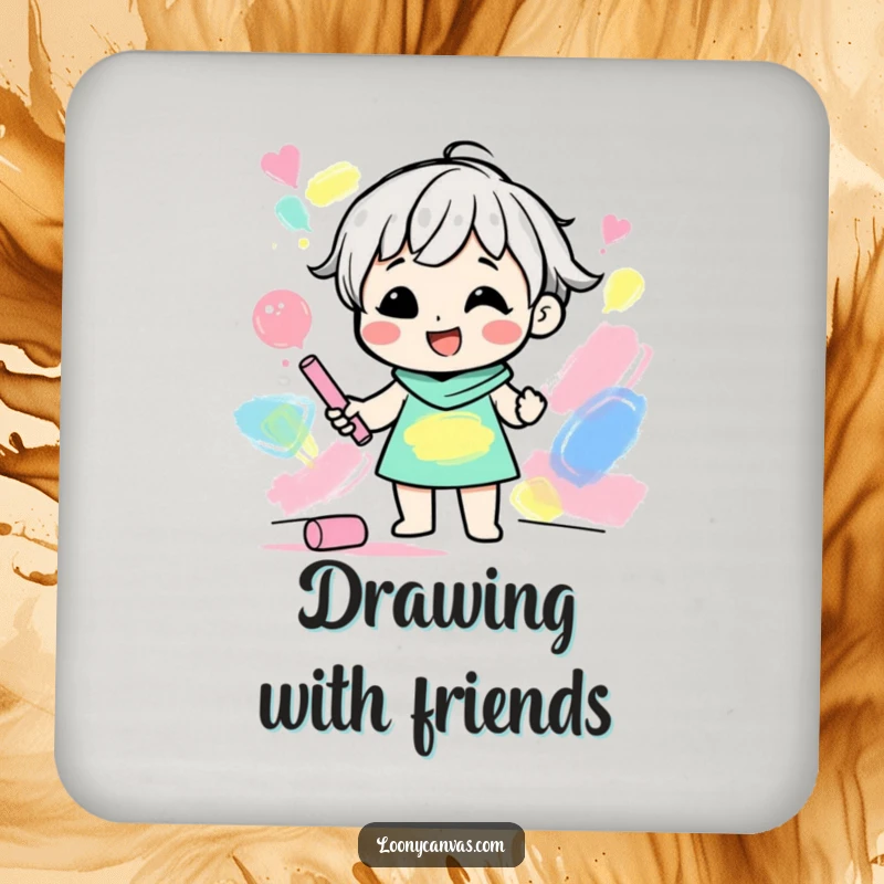 Funny drink coaster featuring a gleeful character creating abstract shapes with colored chalk, protecting surfaces with art.