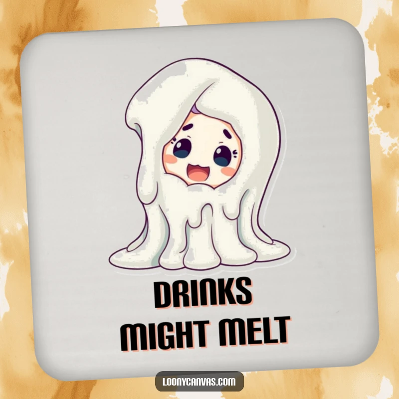 Funny melting art coasters, a surprised character observing a dripping sculpture. Protects surfaces with quirky charm.