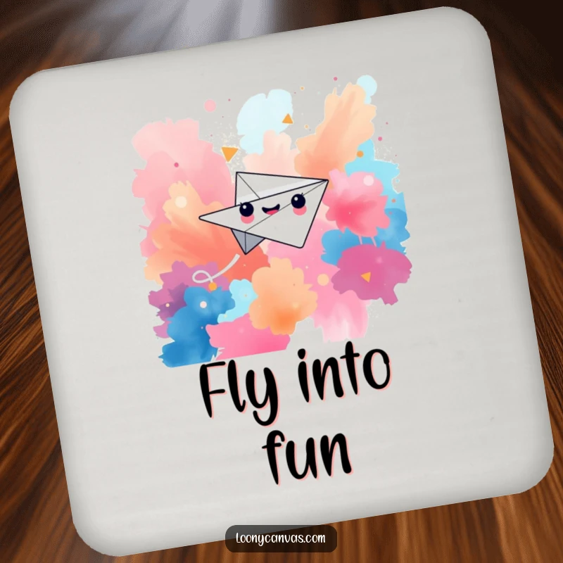 Funny drink coasters set featuring a happy paper airplane character soaring through a vibrant, abstract background.