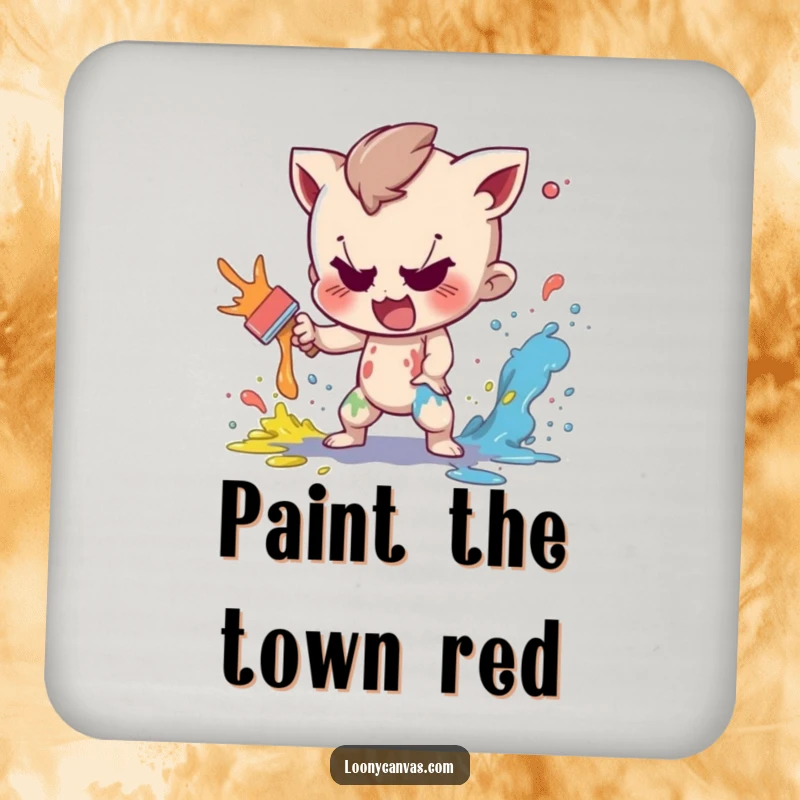 Funny drink coaster featuring a mischievous character playfully splattering paint, protecting surfaces with artistic humor.