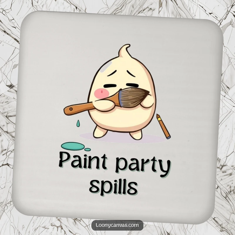 Funny drink coaster featuring a bewildered blob character comically wrestling a giant paintbrush, offering humorous artistic flair for tabletop protection.