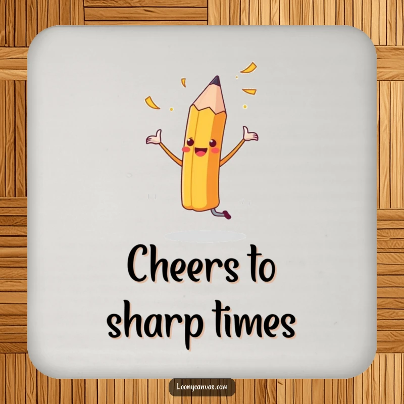 Funny drink coaster with a cheerful dancing pencil and flying shavings, adding artistic fun to surfaces.