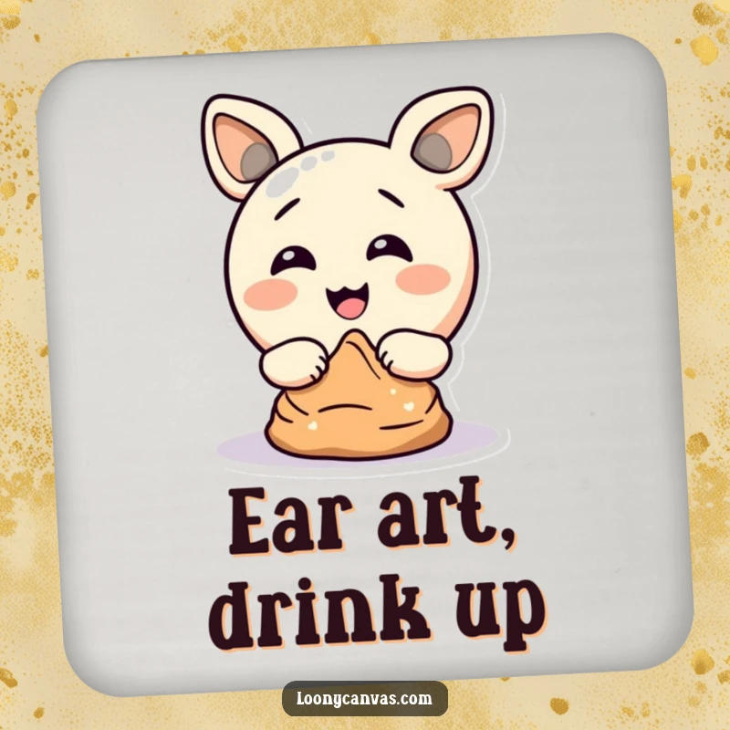 Funny drink coaster featuring a delighted circle character comically sculpting clay with its ears, adding humor to beverage service.