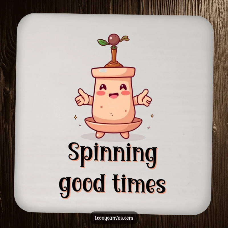 Funny drink coaster featuring a spinning clay pot character transforming itself, designed to protect surfaces with artistic humor and a touch of metamorphosis.