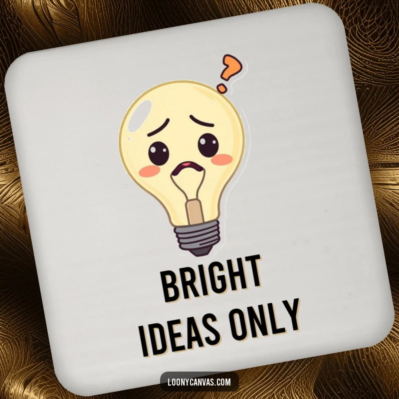 Funny confused lightbulb coasters, a character with a question mark, protecting surfaces with a touch of intellectual humor.