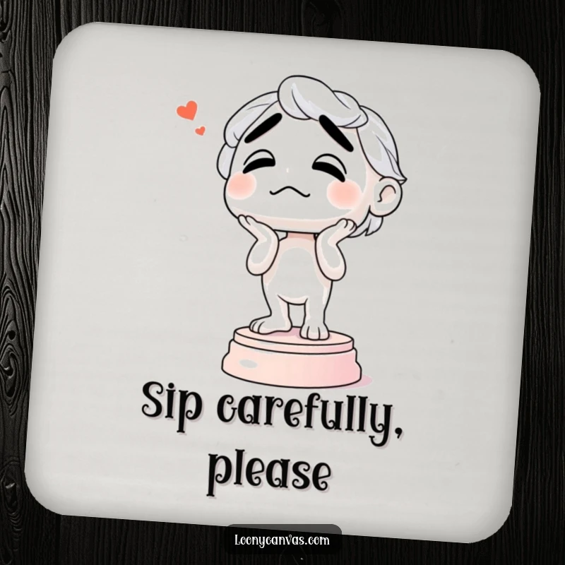 Funny coaster featuring a confused sculpture wobbling on its base, a humorous and practical accessory for any art connoisseur.