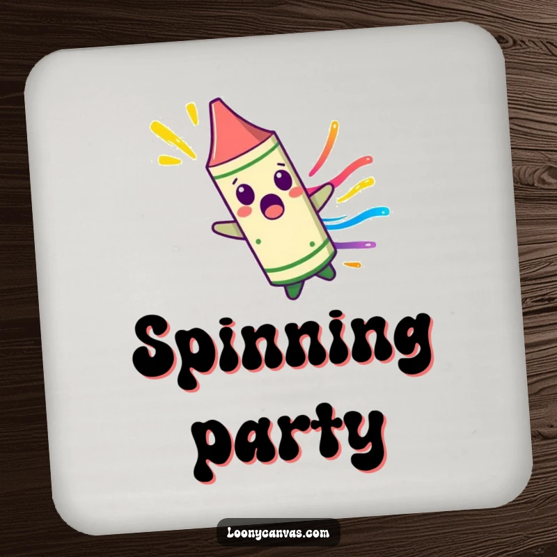 Funny surprised crayon character spinning uncontrollably, leaving a colorful streak on a drink coaster, adding vibrant protection to tables.