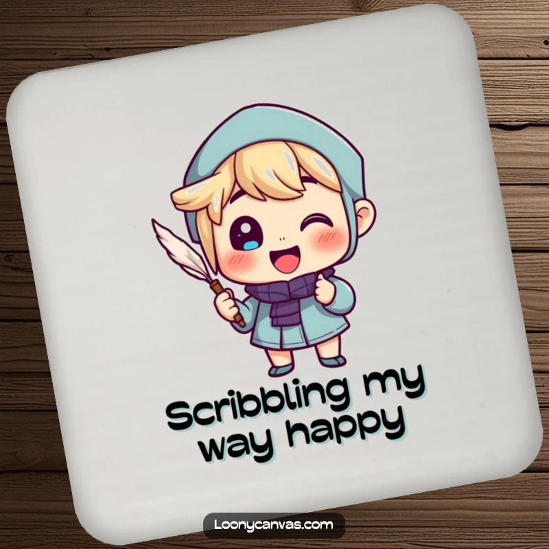 Funny drink coaster featuring a cheerful character enthusiastically writing with a quill, protecting surfaces with literary flair.