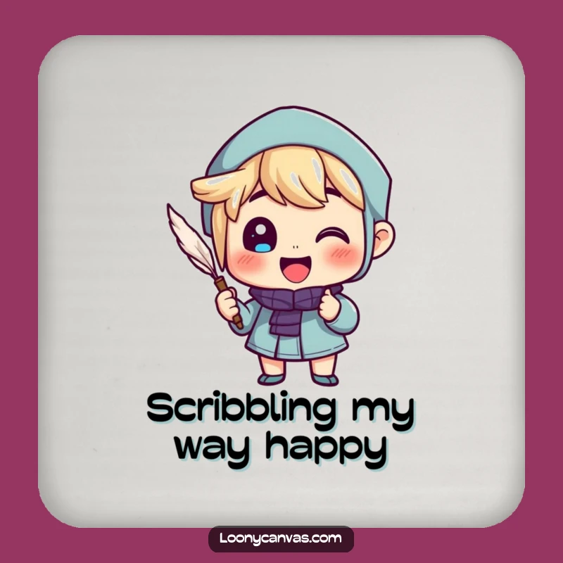 Funny Desk Accessory Coaster: Cheerful Quill Writer Character Protects Surfaces Gift