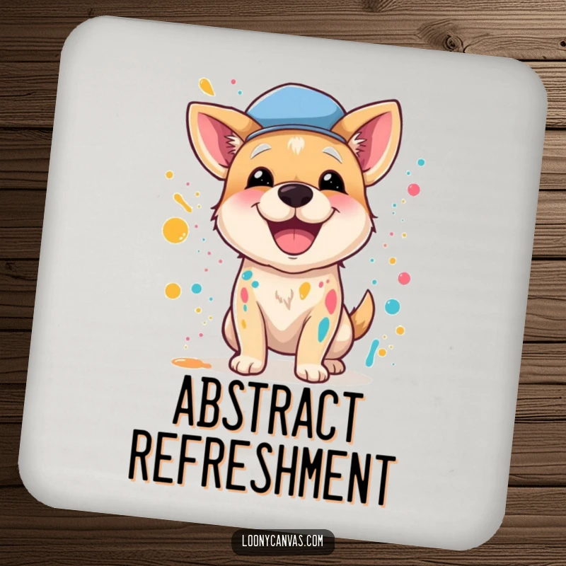 Funny coasters with a happy dog artist wearing a beret, splattering paint, adding artistic protection to tabletops.