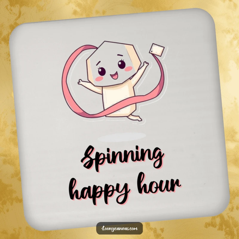 Funny drink coaster featuring a giddy geometric character happily twirling a long, flowing ribbon, offering playful dance and humorous flair.