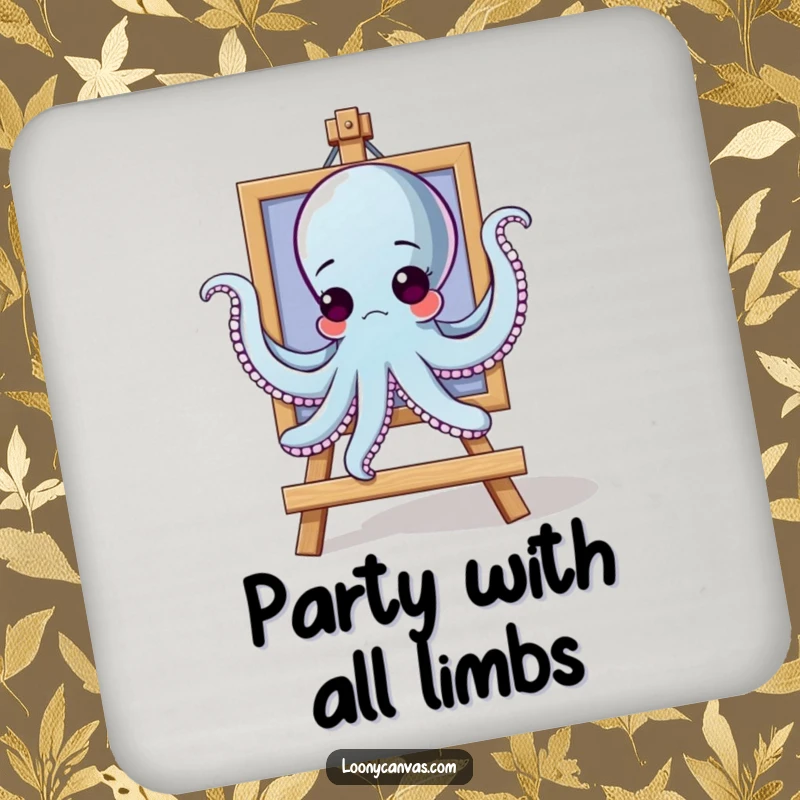 Funny goofy octopus character trying to hang a painting with all arms on a drink coaster, for decor humor.