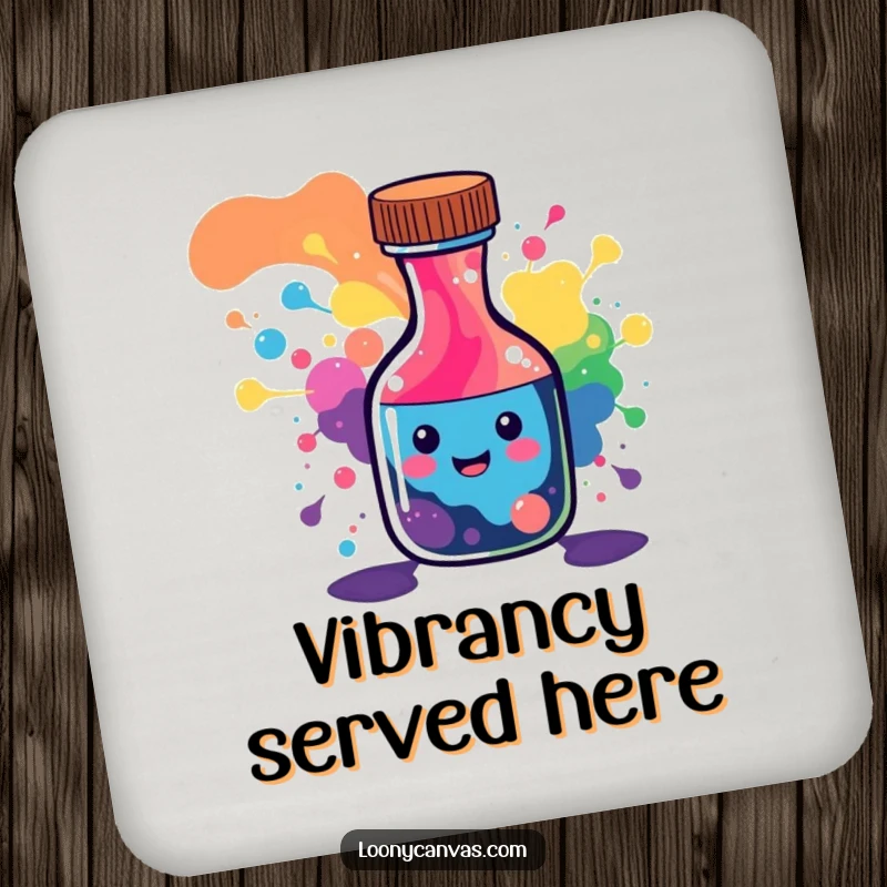 Funny coaster featuring a happy ink bottle character spilling a colorful abstract rainbow pattern.