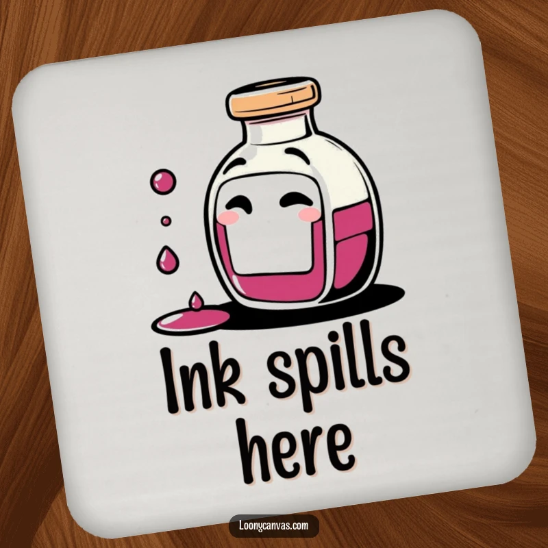 Funny giggling ink bottle character spilling tiny drops of ink with a mischievous wink on a drink coaster, protecting surfaces with artistic humor.