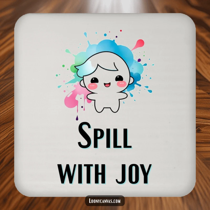 Funny coaster featuring a happy character formed from an ink splatter, a humorous and practical accessory for any art enthusiast.