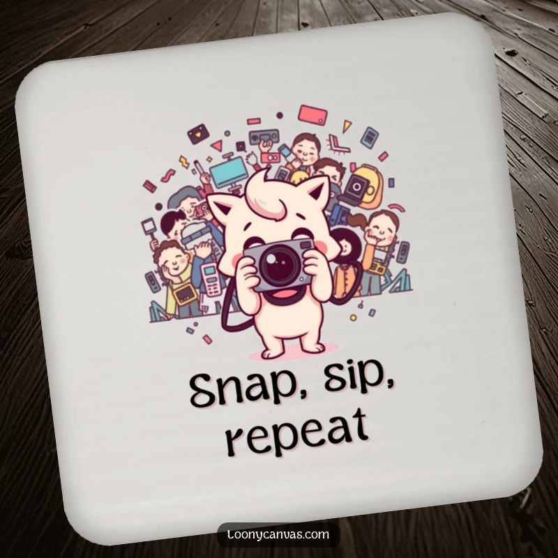 Funny happy Kawaii camera character snaps a chaotic photo on a drink coaster, adding artistic protection.