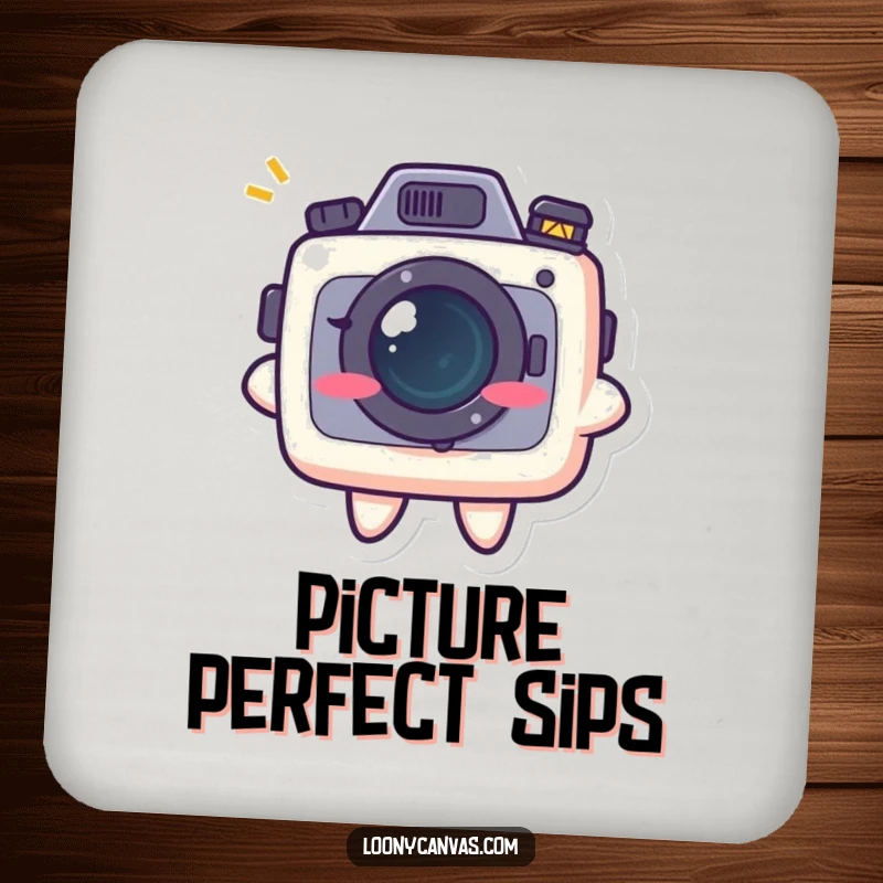 Funny kawaii camera character with a mischievous grin on a round drink coaster, bringing playful photo humor to any table.