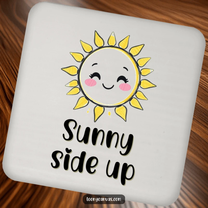 Funny kawaii chalk character drawing a wobbly, smiling sun on a round drink coaster, bringing cheerful art to any table.