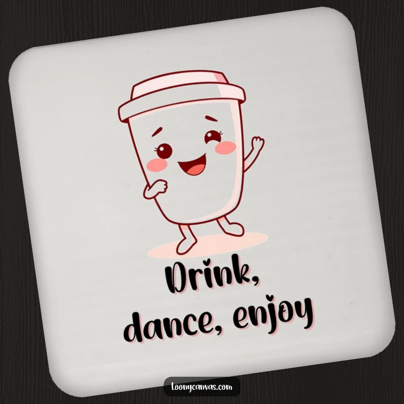 Funny kawaii coffee cup character doing a cheerful jig, protecting surfaces from drinks. A practical and funny drink coaster.
