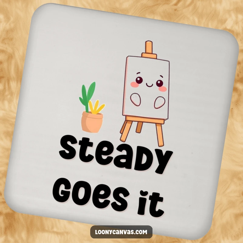 Funny kawaii easel drink coasters, leaning precariously with a smile, humorous accessory, a great funny gift.