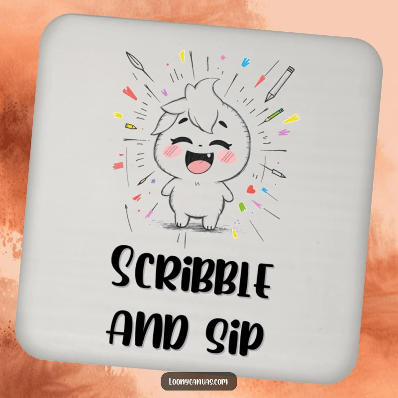 Funny giggling Kawaii pencil character drawing a chaotic scribbled masterpiece, a humorous and protective drink coaster.
