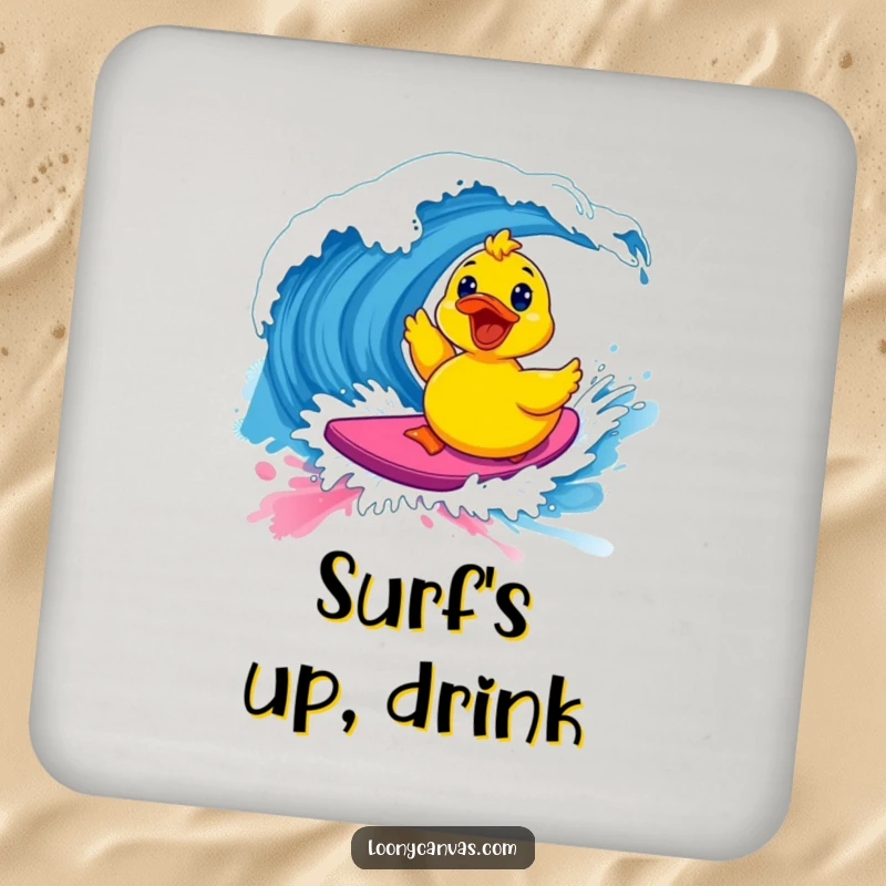 Funny kawaii excited rubber ducky surfing a vibrant paint wave on a drink coaster, adding artistic humor to tabletops.