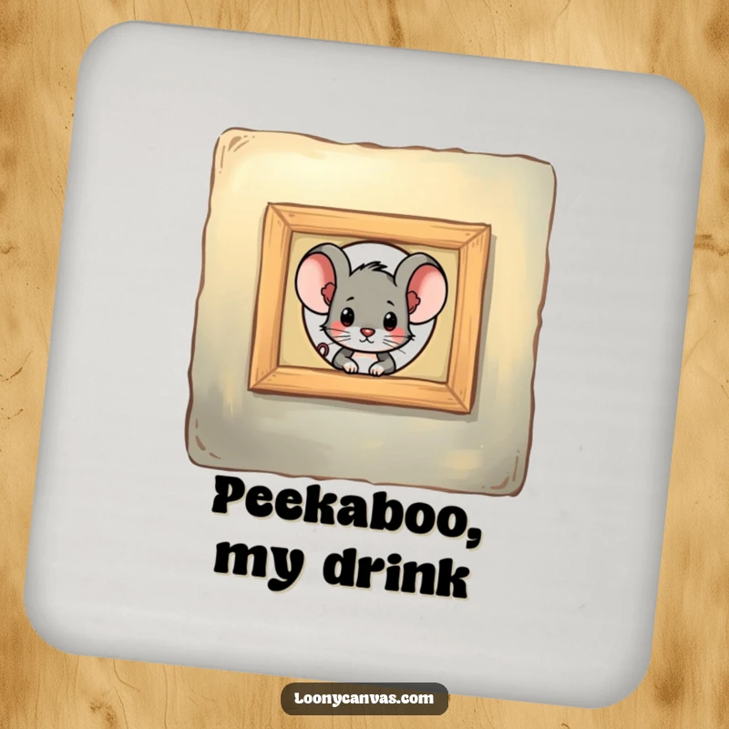 Funny mouse character peeking through a keyhole in a painting, this coaster is a funny gift for protecting surfaces.