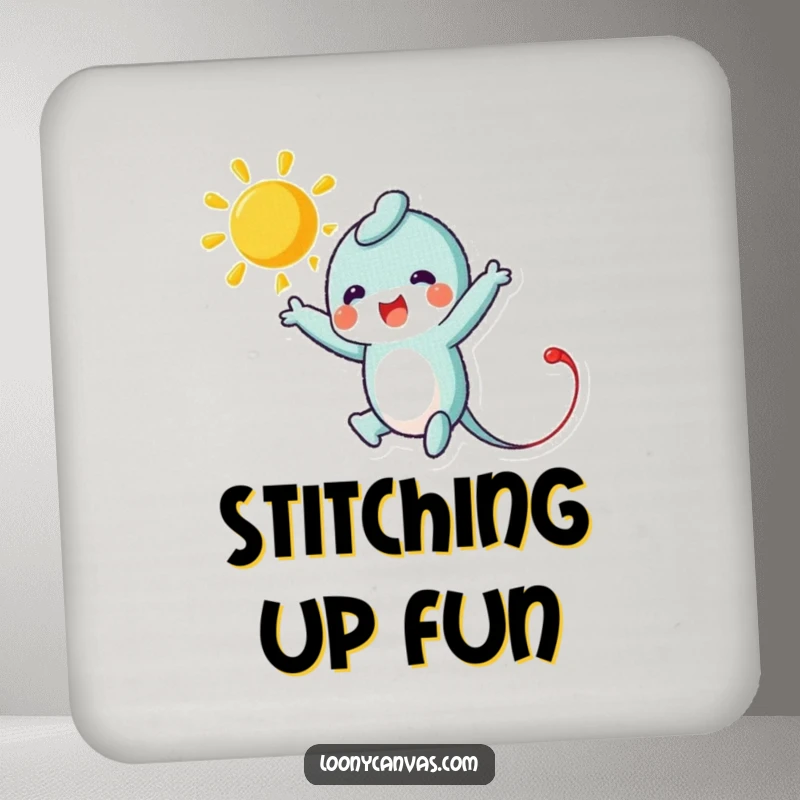 Funny drink coaster featuring a leaping needle character stitching a bright sun, designed to protect surfaces with sewing humor and sunny charm.