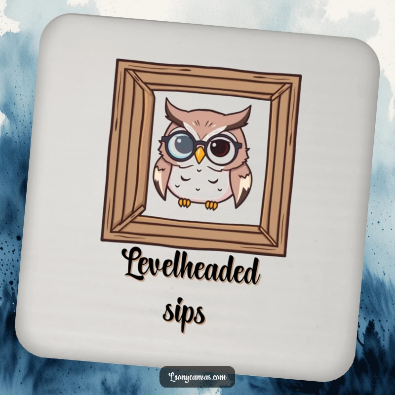 Funny coasters with a determined owl character wearing a monocle, examining a crooked frame, adding critical protection.