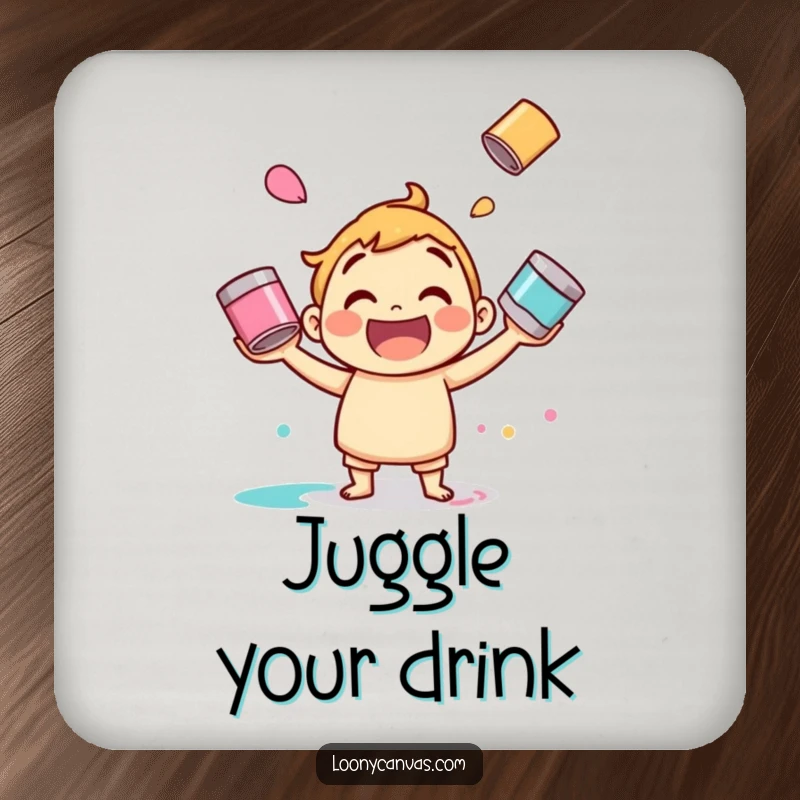 Funny paint juggling coasters, a jolly character juggling colorful paint cans. Protects surfaces with artistic charm.