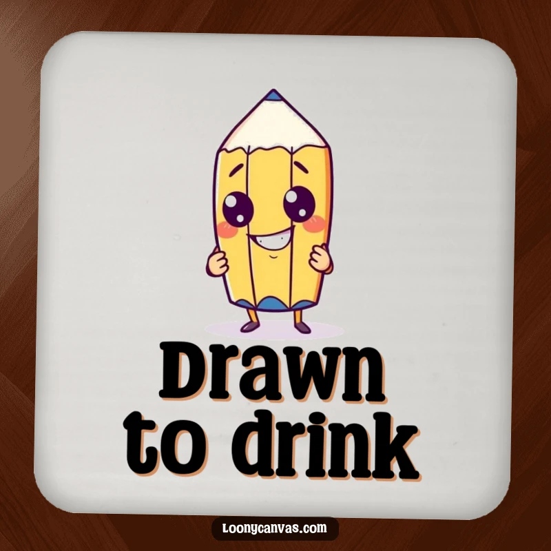 Funny cheeky pencil character with a goofy grin drawing itself on a drink coaster, protecting surfaces with artistic humor.