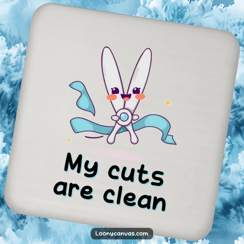 Funny drink coasters featuring a delighted scissors character happily snipping a flowing ribbon, protecting surfaces with cheerful flair.