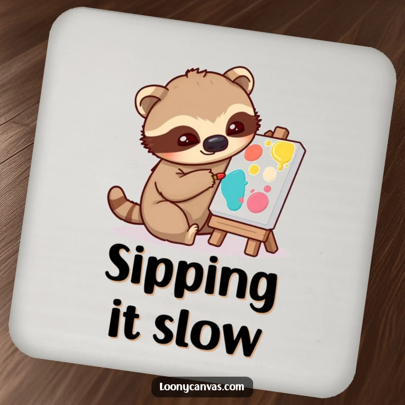 Funny drink coaster with a playful sloth character slowly painting on a tiny canvas, a humorous and practical item.