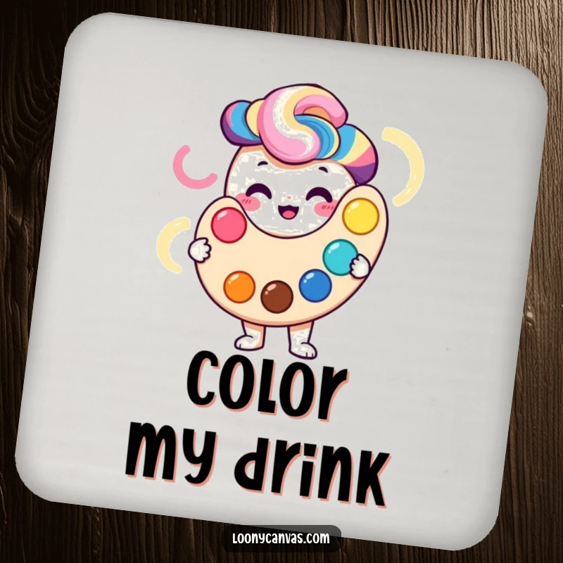 Smiling palette character holding a vibrant swirl of colors, as a protective drink coaster.