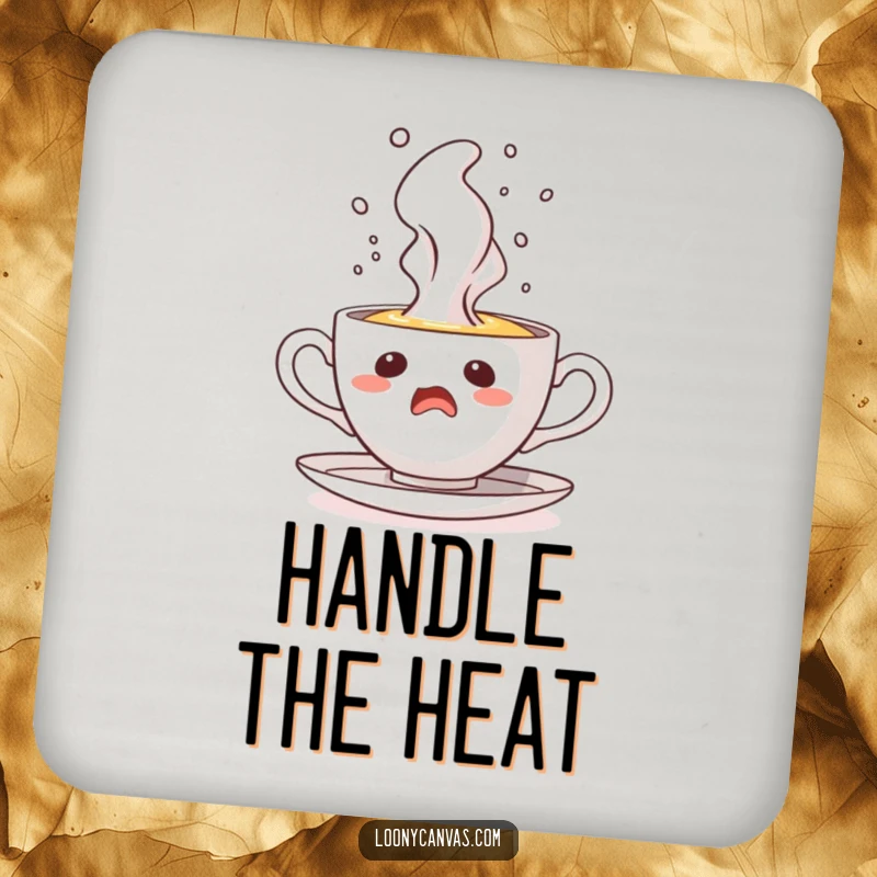 Funny drink coaster featuring a startled teacup character with steam erupting like a geyser, adding a surprising touch.