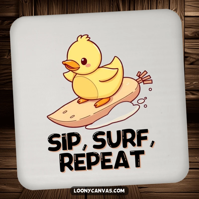 Funny drink coaster with a playful rubber ducky surfing on a teabag, adding whimsical water humor to your table.