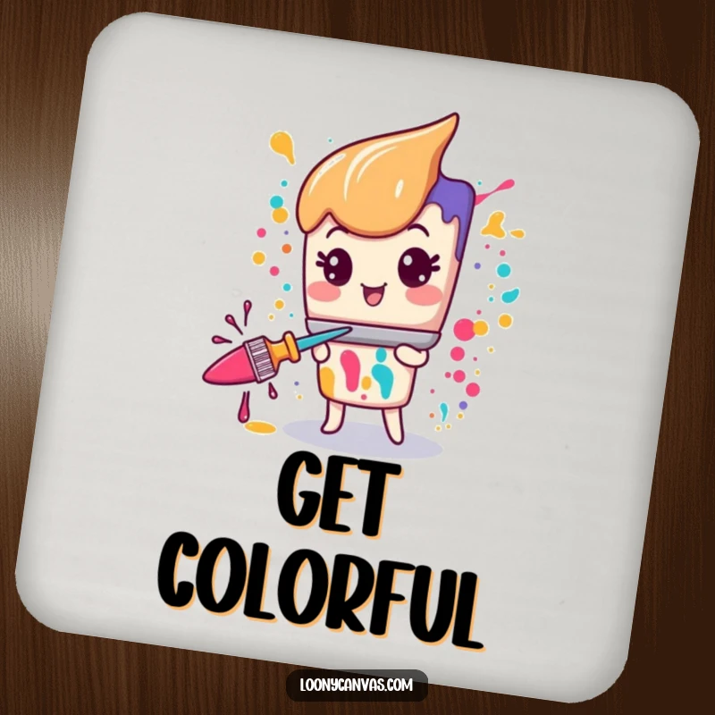 Kawaii paintbrush character splattering paint with manic glee, as a protective drink coaster.