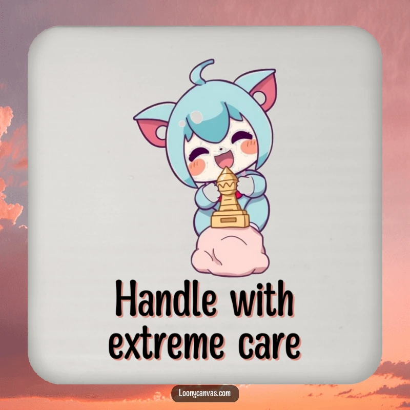 Funny drink coaster showcasing a delighted character in the process of balancing a small sculpture, adding humor to any table.