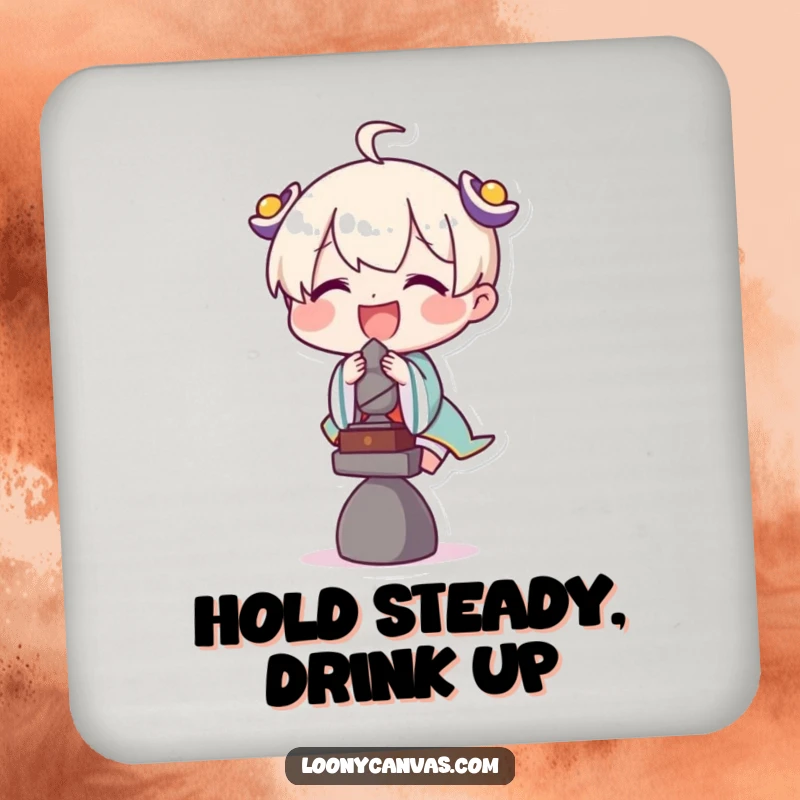 Funny drink coasters featuring a delighted character attempting to balance a tiny sculpture, adding humorous artistic protection.