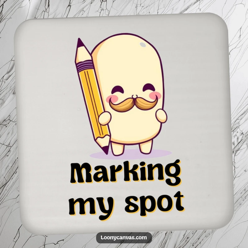 Funny kawaii pencil character drawing a tiny mustache on a round drink coaster, adding a cute and humorous vibe.