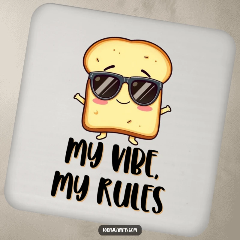 Funny drink coaster featuring a giggling slice of toast character comically wearing oversized sunglasses, protecting surfaces with style.
