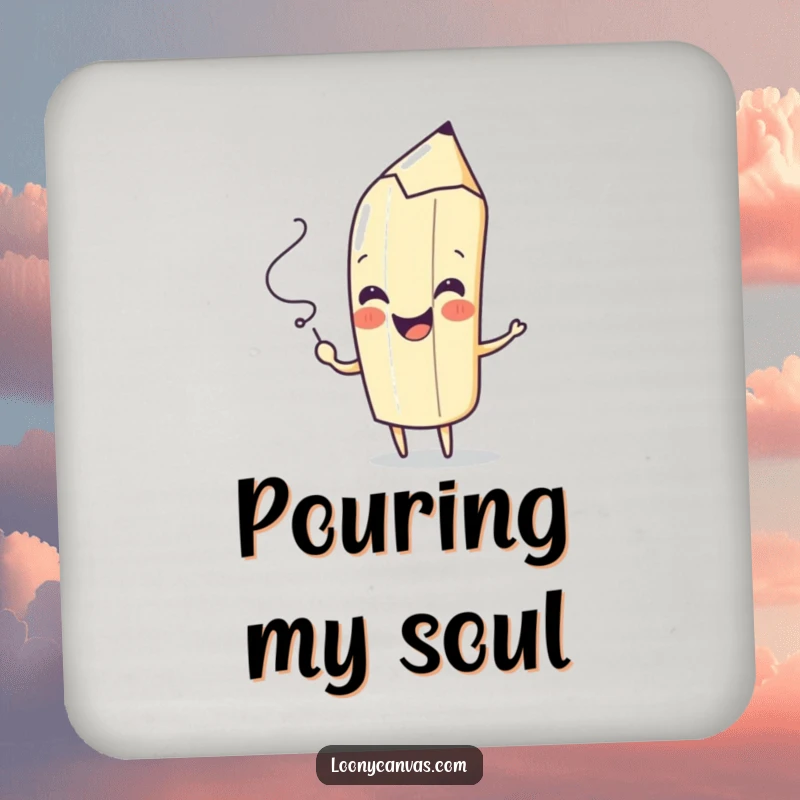 Funny drink coasters with a playful pencil character drawing a spontaneous squiggle with a cheerful flourish, protecting surfaces.