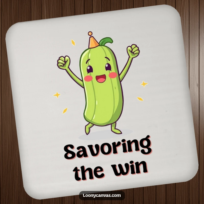 Funny drink coaster featuring a triumphant pickle character doing a victory dance, adding a celebratory touch.