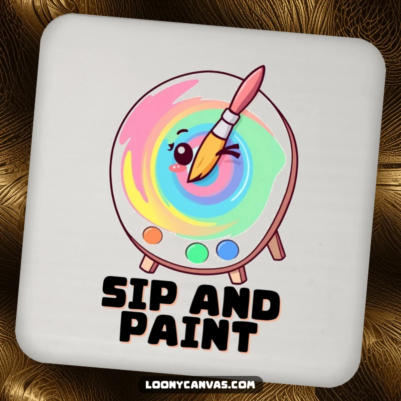 Funny kawaii winking paintbrush creating a colorful swirl on a drink coaster, adding artistic humor to tabletops.