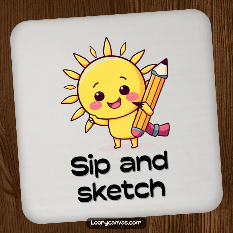 Funny kawaii cheerful pencil sketching a smiling sun on a drink coaster, adding artistic humor to tabletops.