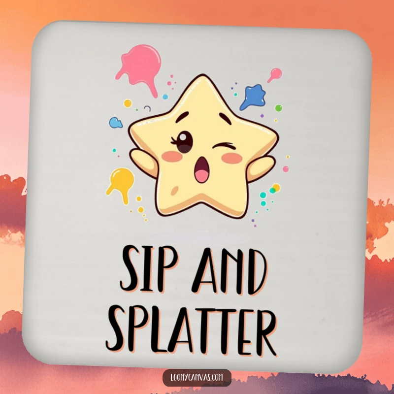 Funny drink coaster featuring a surprised star character winking while juggling paint splatters, offering playful artistic humor.