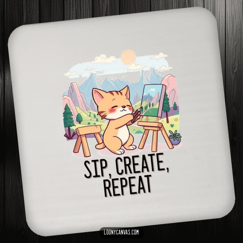 Funny drink coaster featuring a frantic cat artist painting a surreal landscape, adding a touch of artistic whimsy.