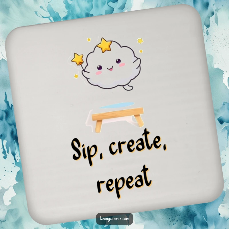 Funny kawaii starry cloud character in a joyful leap over a small canvas, protecting surfaces. A functional and funny drink coaster.
