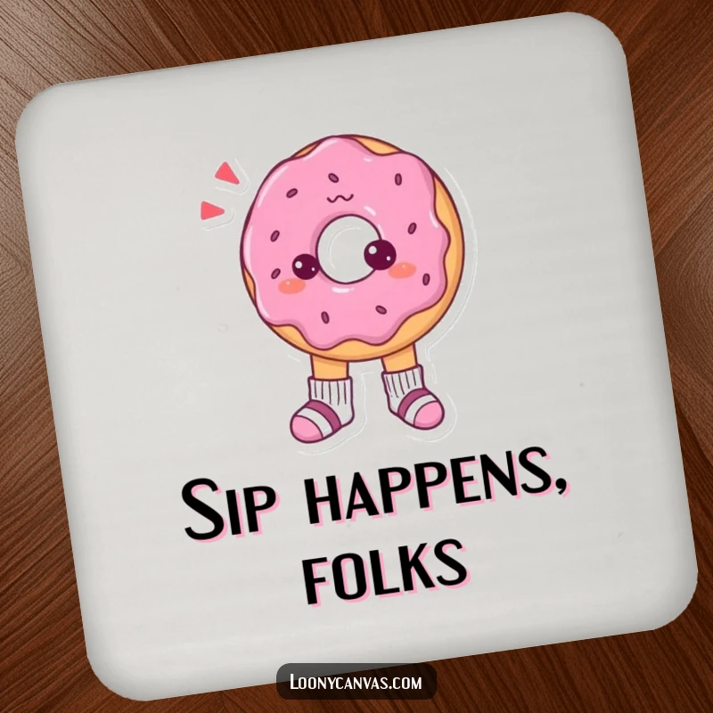 Funny drink coaster featuring a confused donut character bewildered by its tiny, mismatched socks, adding a quirky touch.
